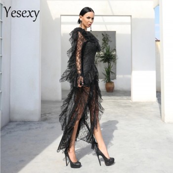 Yesexy 2020 Sexy Deep V Neck Ruffles Long Sleeve Female Overalls Elegant High Split See Through Rompers Women Jumpsuit VR9561
